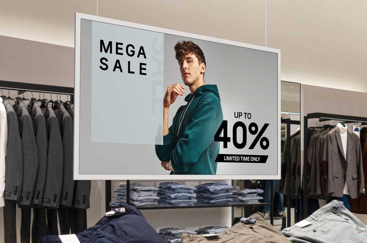 mega sale sign 40% off with male on sign